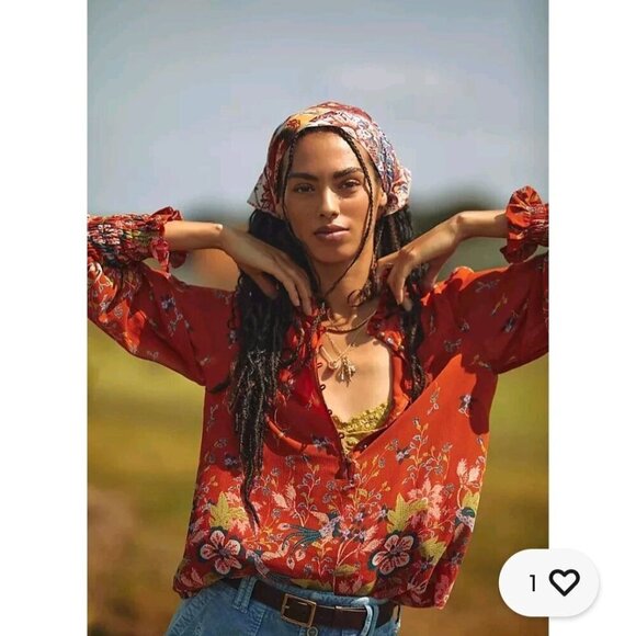 Anthropologie Floral Chiffon Blouse Ruffled Neckline Metal Buttons Size XXS - Picture 7 of 13